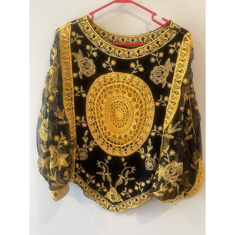 Vintage Handmade Mesh Embroidered Butterfly Cape Shirt with Sleeves One Size